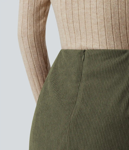 High Waisted Back Zipper Split Hem 2-in-1 Corduroy Casual Skirt-Longer Length