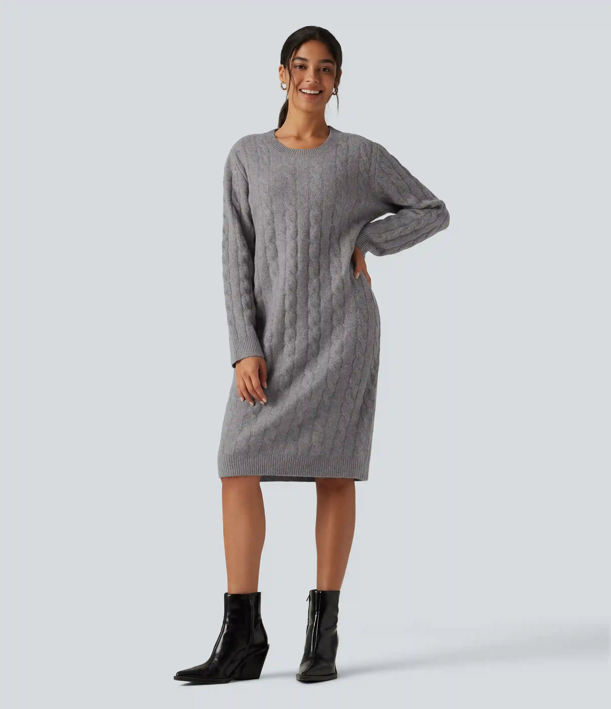 Round Neck Long Sleeve Midi Work Dress