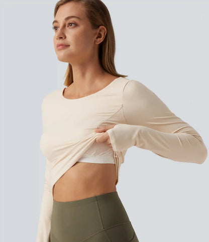 SoftlyZero™ Plush Round Neck Thumb Hole Long Sleeve Yoga Sports Top with Built-in Bra