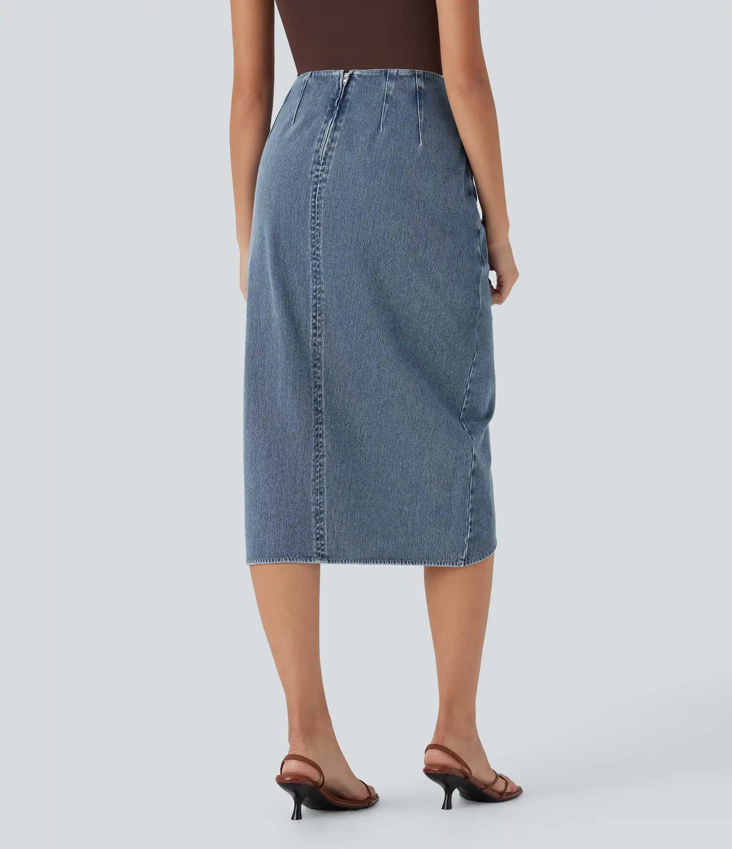 Halara Flex™ High Waisted Back Zipper Ruched Tulip Hem Midi Washed Denim Casual Skirt