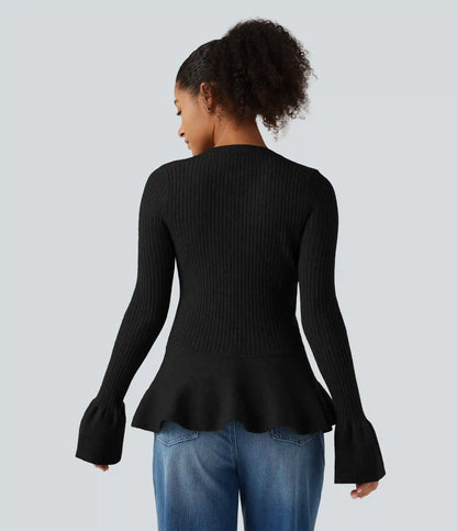 Round Neck Long Sleeve Ruffle Hem Slim Work Sweater