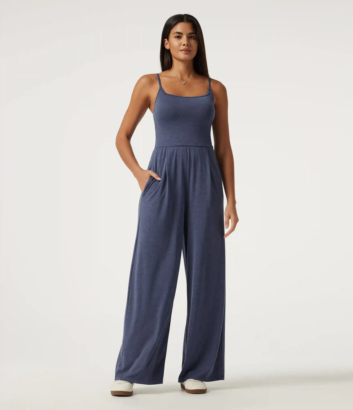 U-Neck Sleeveless Built-in Bra Ruched Baggy Casual Jumpsuit with Pockets-Easy Peezy Edition
