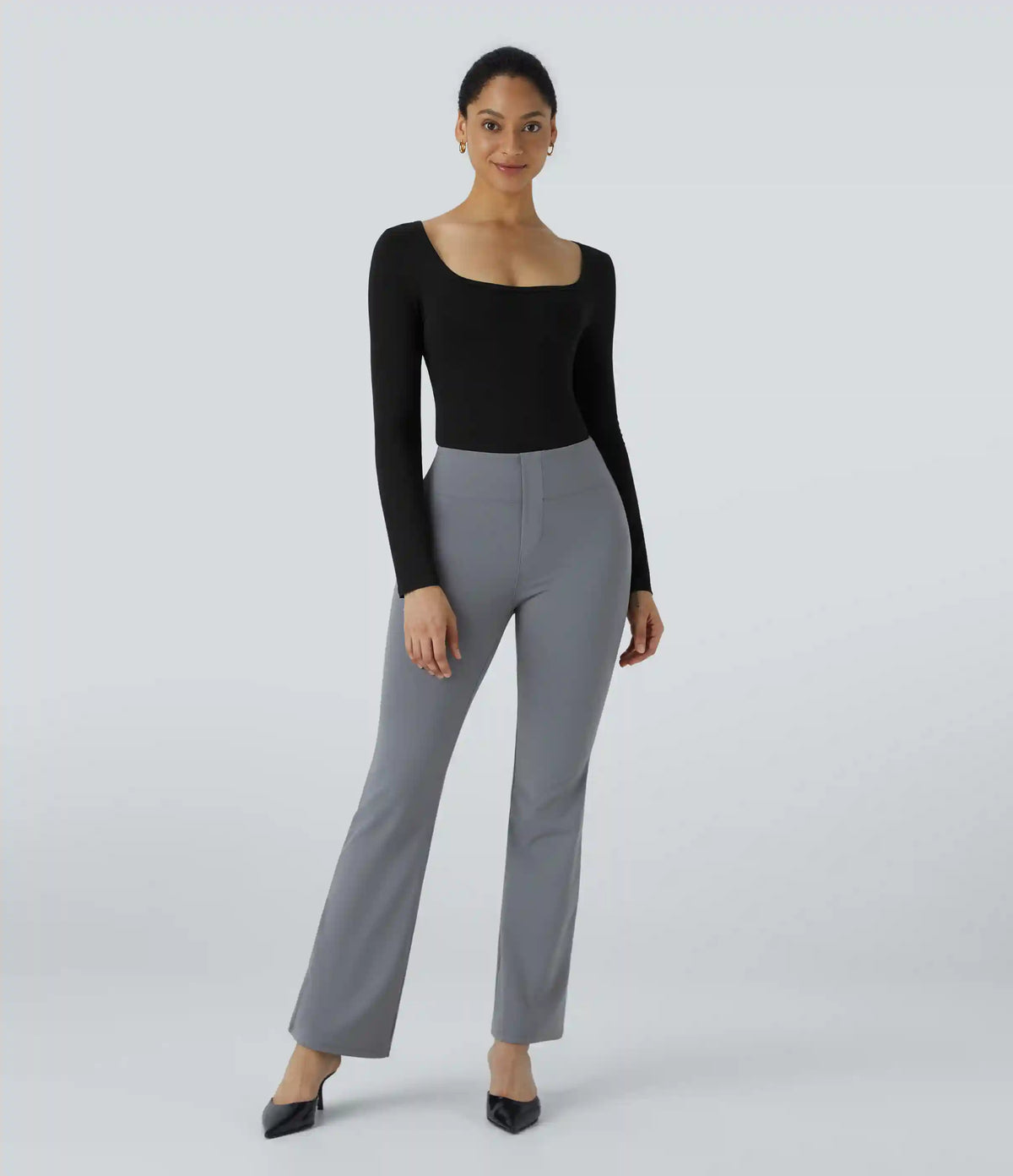 U Neck Long Sleeve Snap Skinny Work Bodysuit