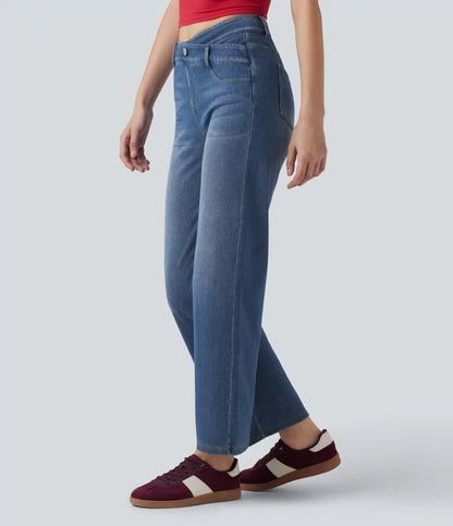 Halara Flex™ Mid Rise Crossover Tummy Control Straight Leg Casual Jeans with Pockets