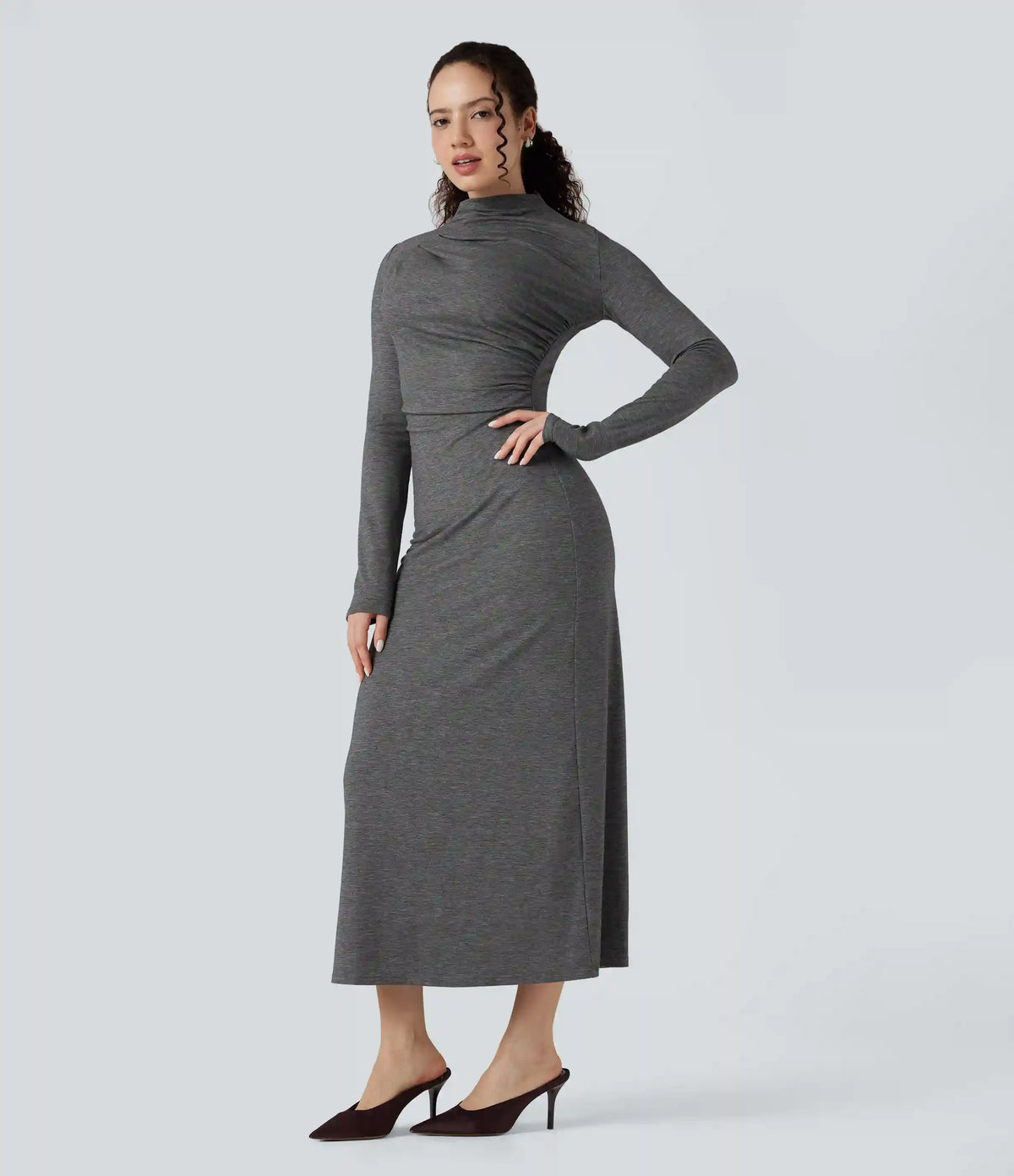 Mock Neck Long Sleeve Midi Casual Dress