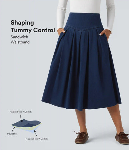 Halara Flex™ High Waisted Tummy Control Pleated Midi Casual Denim Skirt with Pockets