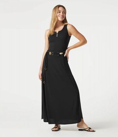 Notched Sleeveless Split Maxi Casual Flowy Dress