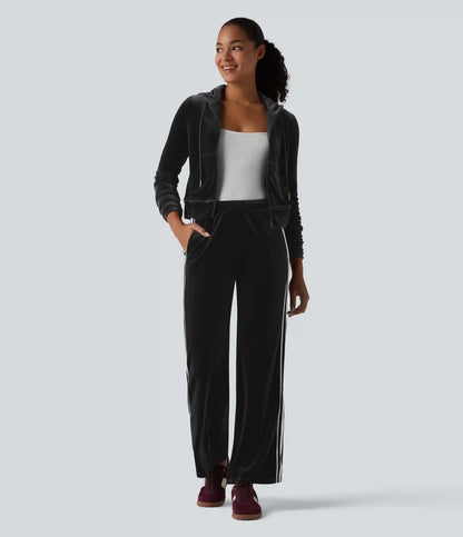 Low Rise Color Block Stripes Velvet Casual Flare Pants with Pockets