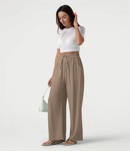 High Waisted Drawstring Wide Leg Casual Linen-Blend Pants with Pockets