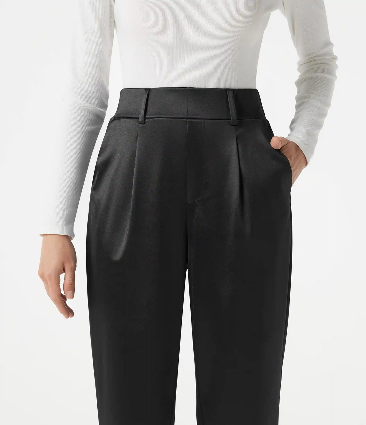 High Waisted Tapered Satin Work Pants with Pockets