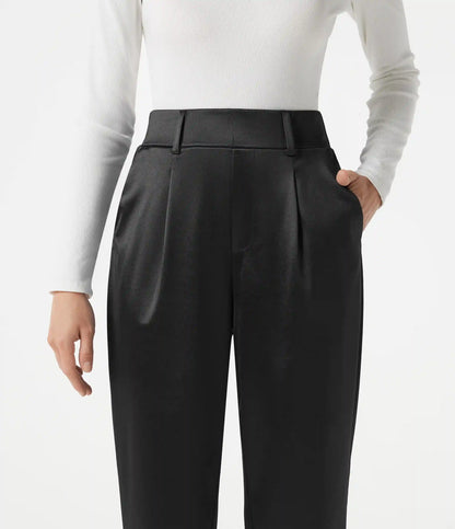 High Waisted Tapered Satin Work Pants with Pockets