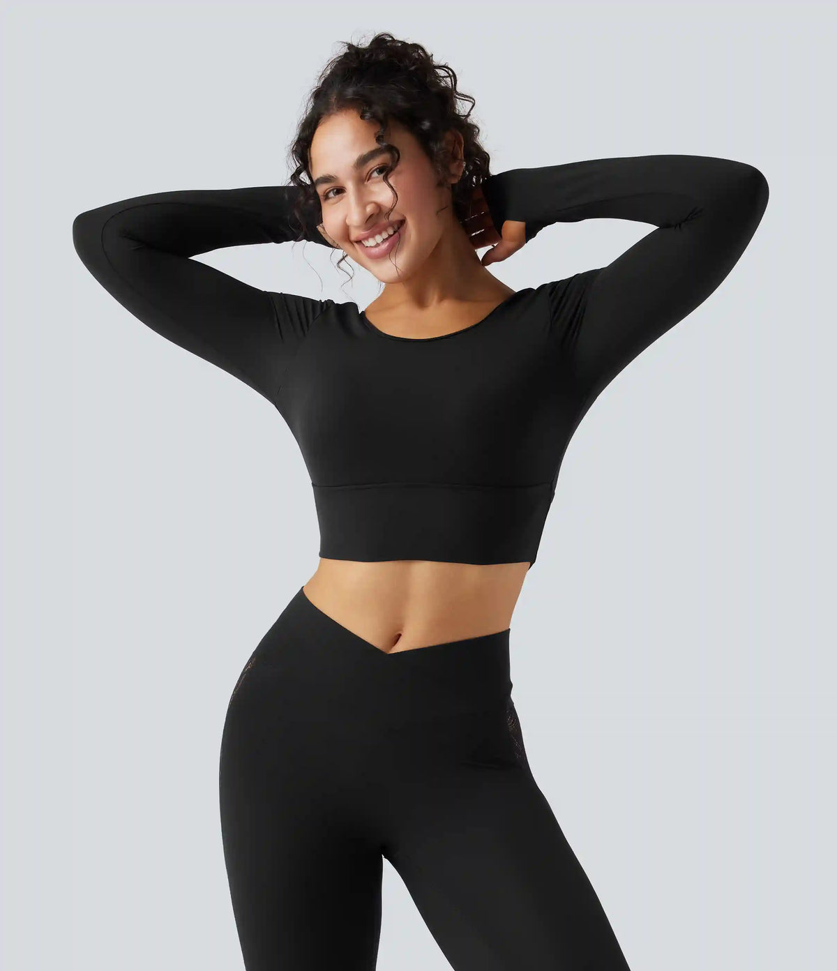SoftlyZero™ Push-Up Long Sleeve Thumb Hole Contrast Lace Cropped Yoga Sports Top