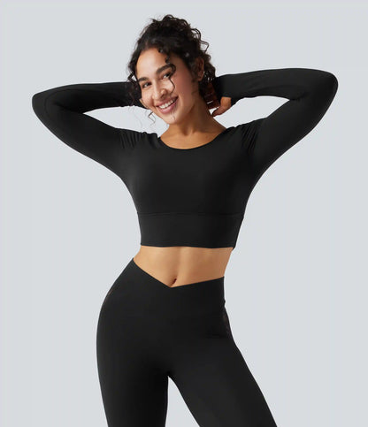 SoftlyZero™ Push-Up Long Sleeve Thumb Hole Contrast Lace Cropped Yoga Sports Top