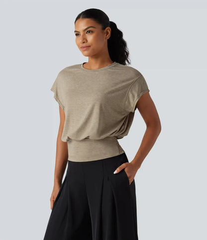 Round Neck Short Sleeve Ruched Casual T-Shirt