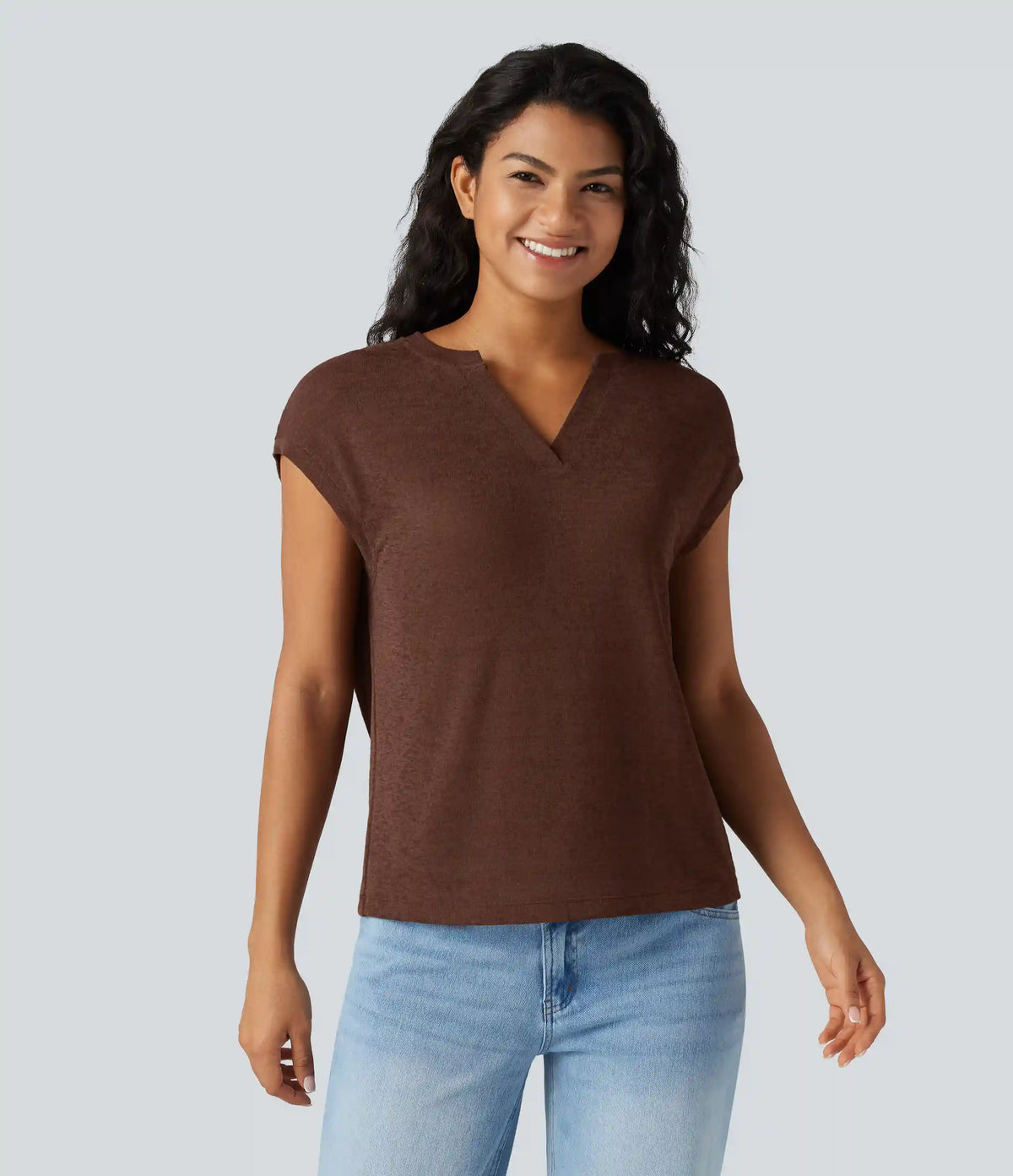 Semi Sheer Notched Short Sleeve Casual T-Shirt