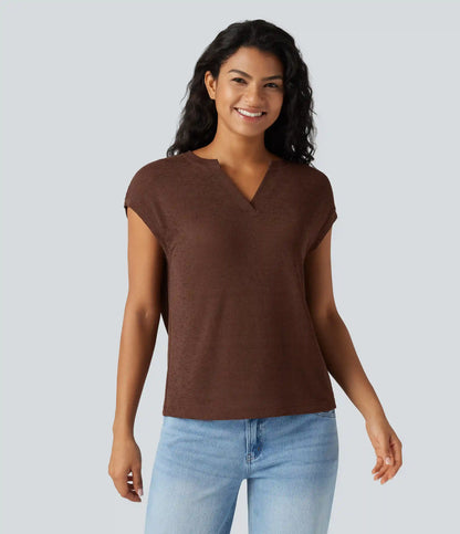 Semi Sheer Notched Short Sleeve Casual T-Shirt