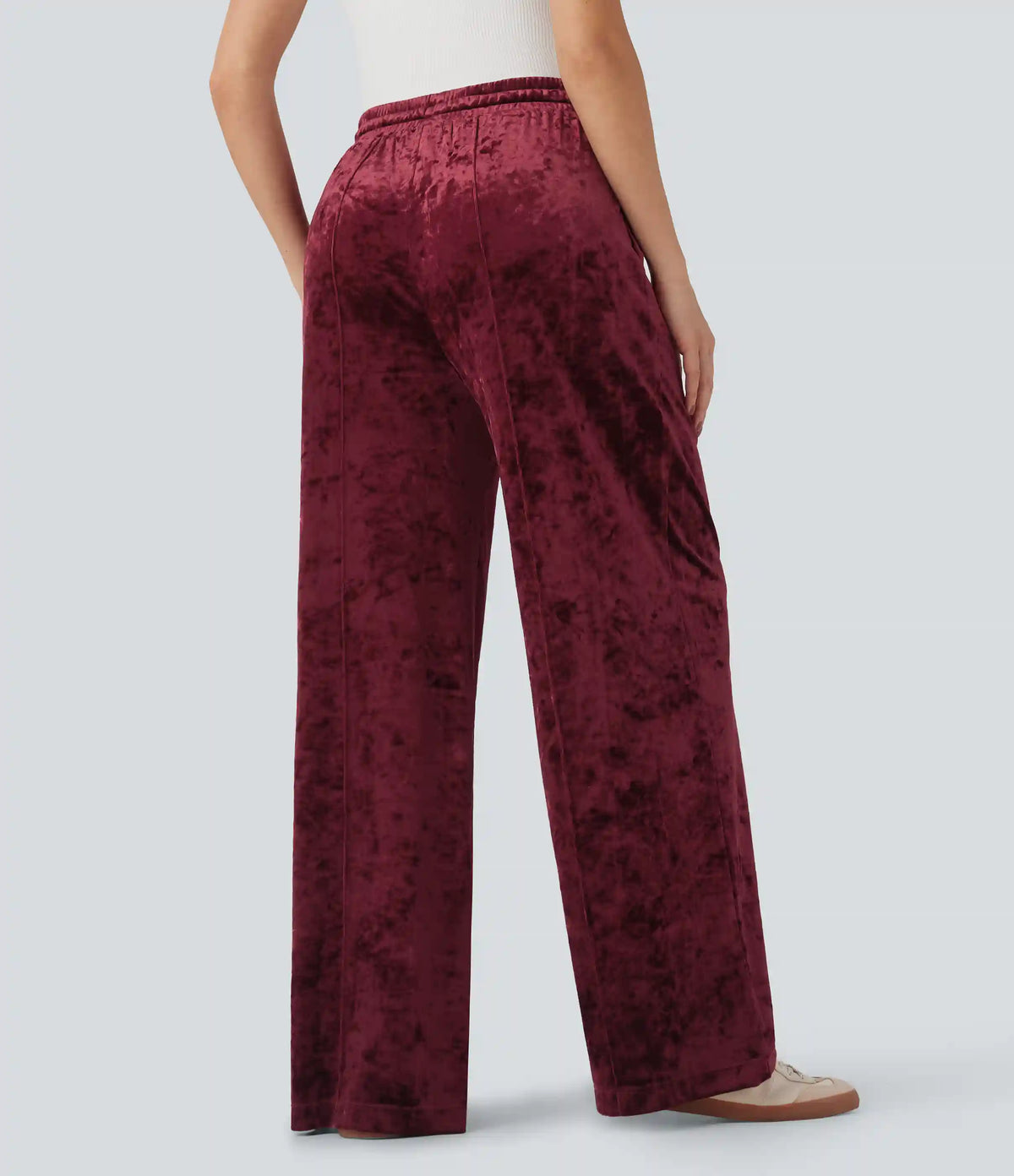 Mid Rise Drawstring Velvet Wide Leg Casual Pants with Pockets