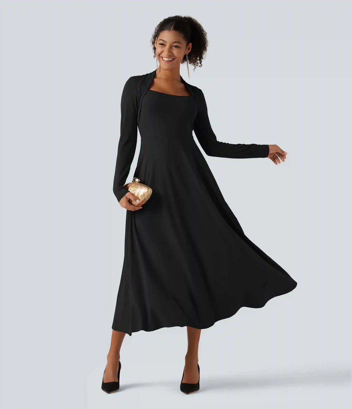 Queen Anne Neck Long Sleeve A-Line Party Midi Dress with Pockets