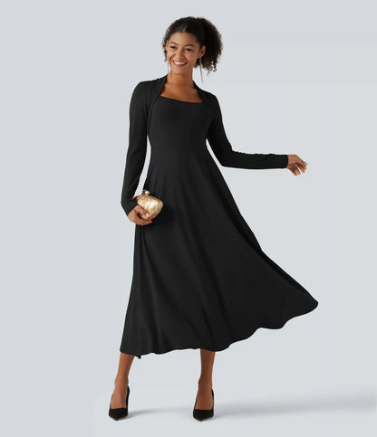 Queen Anne Neck Long Sleeve A-Line Party Midi Dress with Pockets