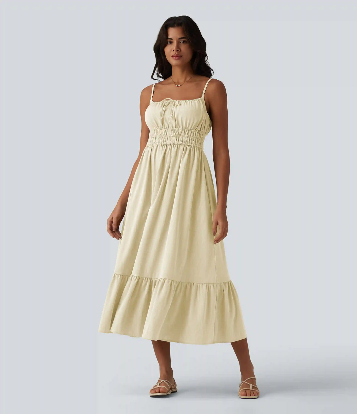Tie Front Flowy Midi Casual Linen-Feel Slip Milkmaid Dress