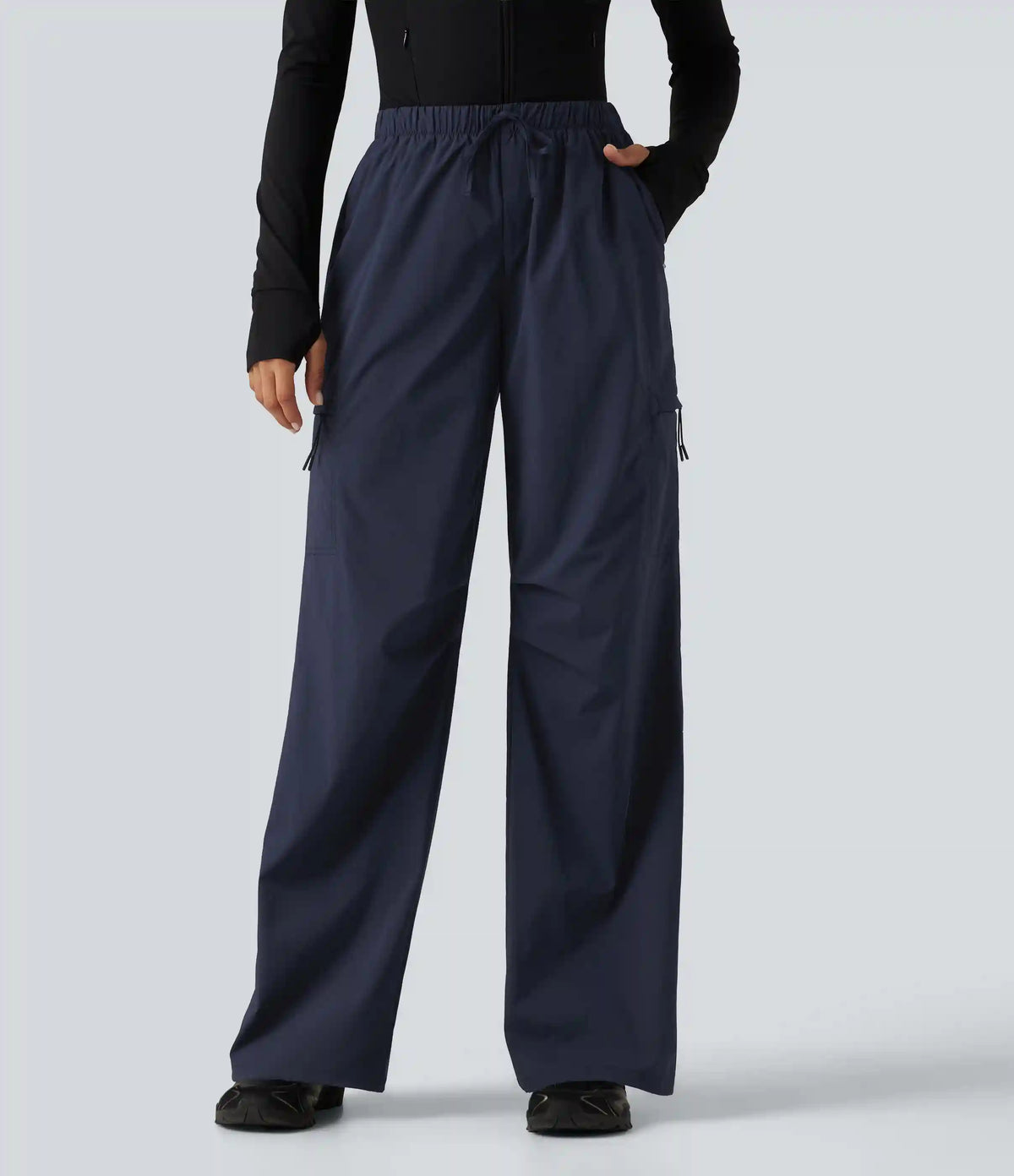 Mid Rise Drawstring Ruched Wide Leg Hiking Pants with Pockets