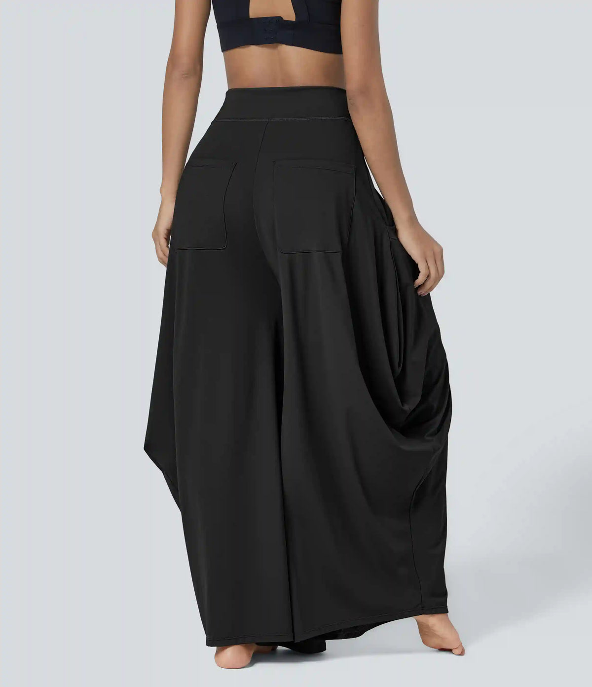 Mid Rise Pockets Draped Wide Leg Baggy Casual Pants
