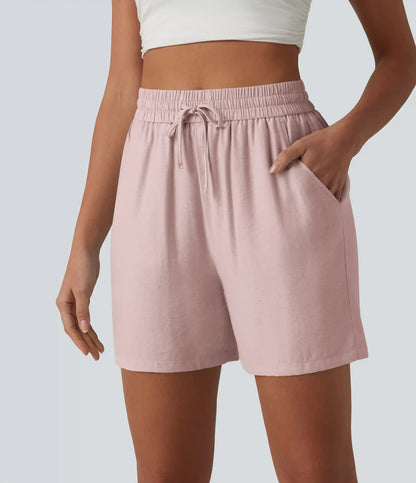 High Waisted Drawstring Casual Linen-Blend Baggy Shorts 5'' with Pockets