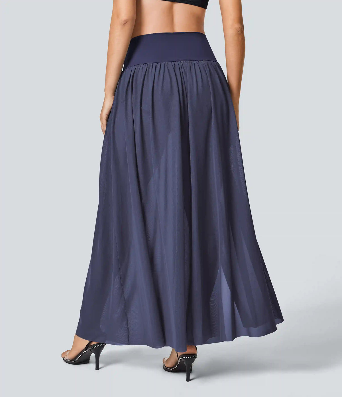 High Waisted 2-in-1 Mesh Flowy Maxi Casual Skirt