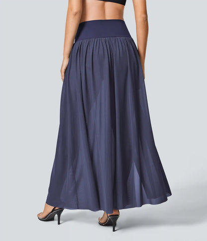 High Waisted 2-in-1 Mesh Flowy Maxi Casual Skirt