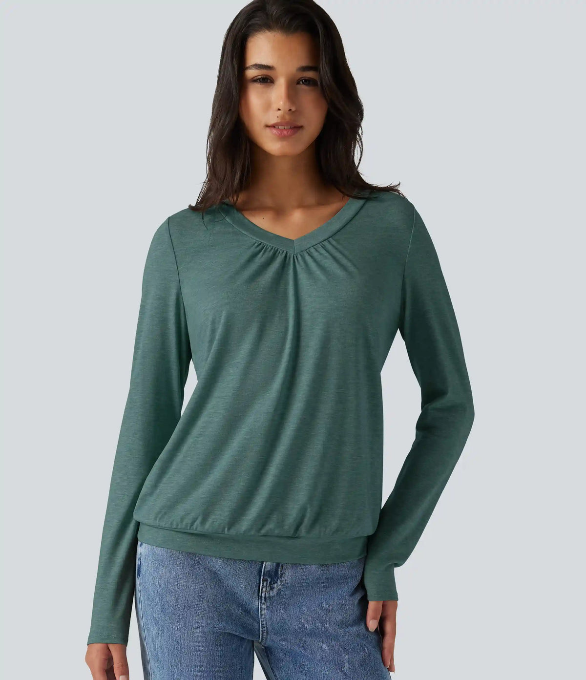 V Neck Ruched Long Sleeve Casual Top