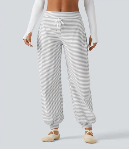 Mid Rise Foldover Drawstring Stripe Yoga Jogger with Pockets
