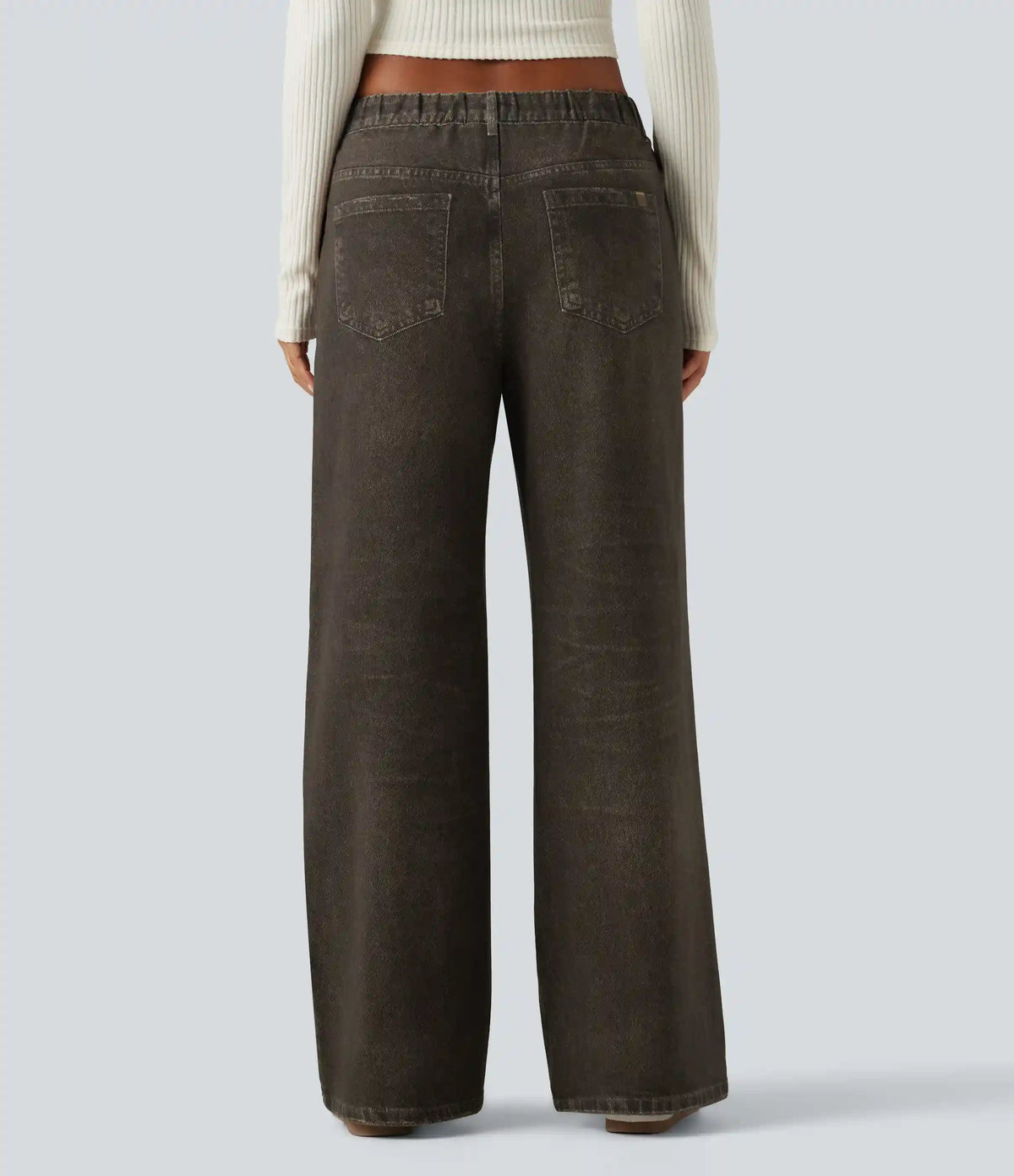 Mid Rise Wide Leg Denim Print French Terry Casual Jeans with Pockets