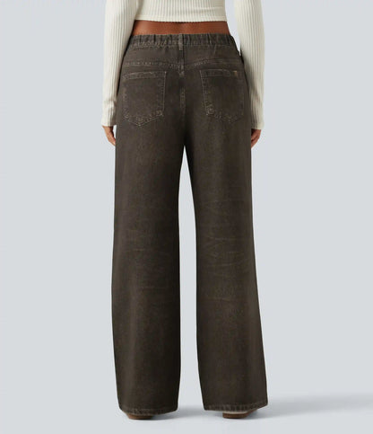 Mid Rise Wide Leg Denim Print French Terry Casual Jeans with Pockets