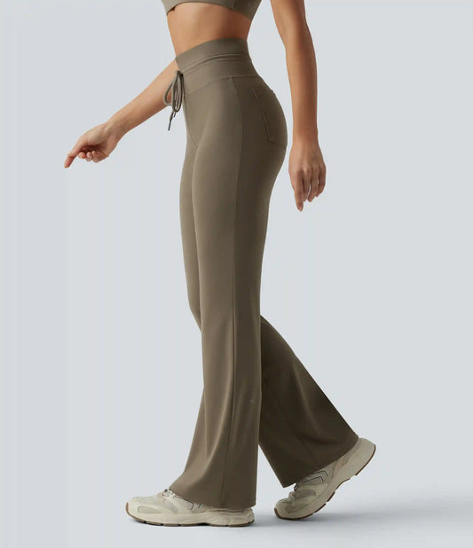 High Waisted Drawstring Plain Flare Yoga Pants with Pockets