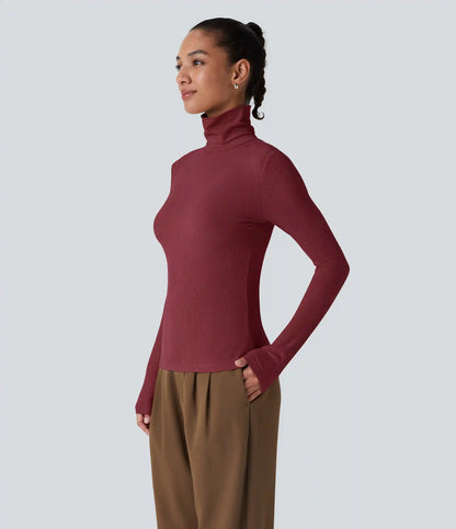 Ribbed Knit High Collar Long Sleeve Casual Top