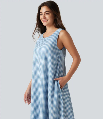 Round Neck Sleeveless Built-in Bra Midi Crinkle Gingham Casual Tank Dress with Pockets
