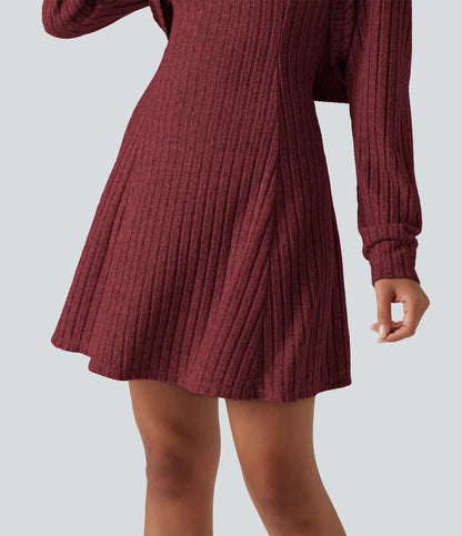 Ribbed Knit Hooded Long Sleeve 2-Piece Mini Casual Dress