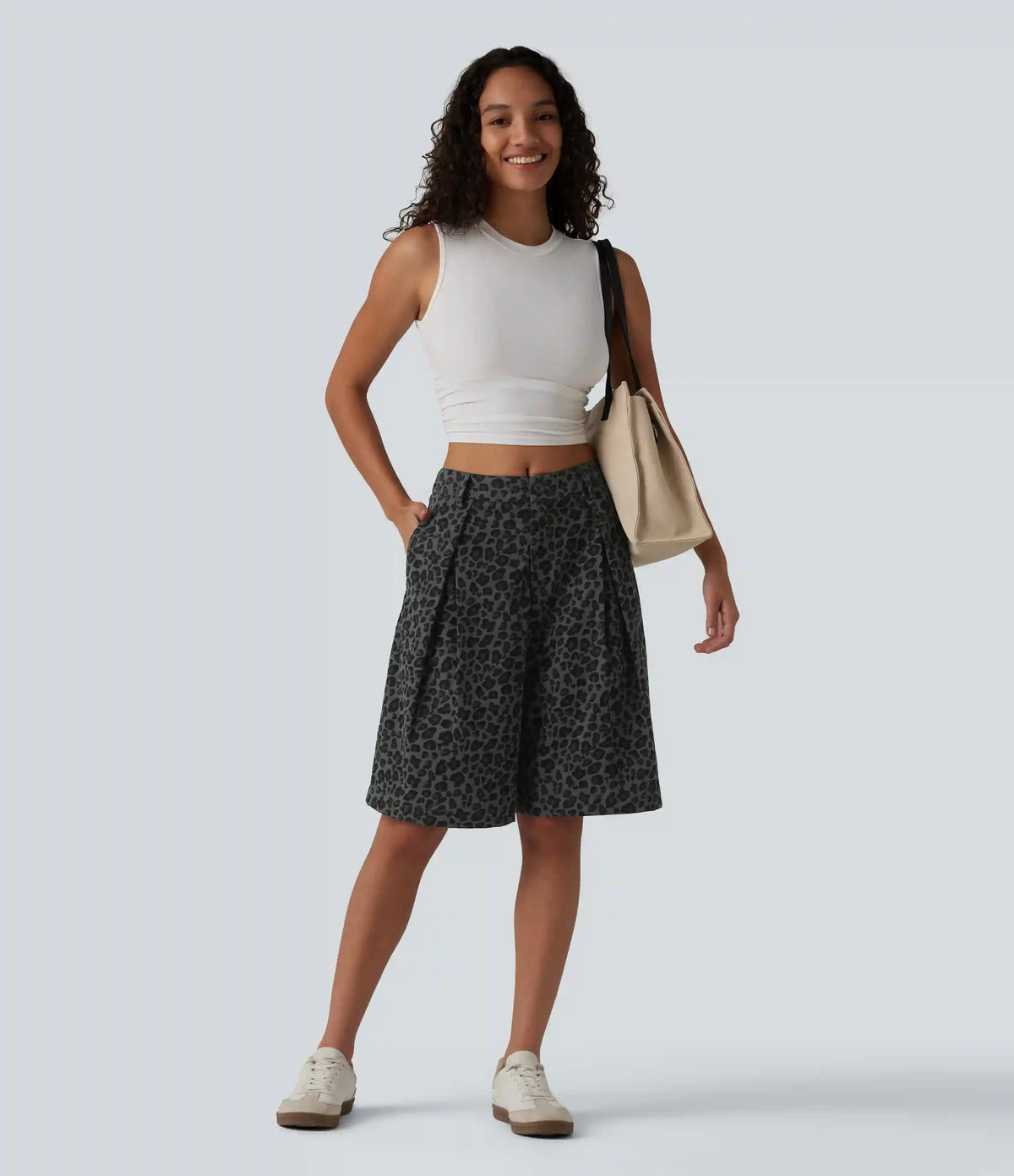 Mid Rise Leopard Print Casual Baggy Bermuda Shorts 10'' with Pockets