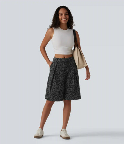 Mid Rise Leopard Print Casual Baggy Bermuda Shorts 10'' with Pockets
