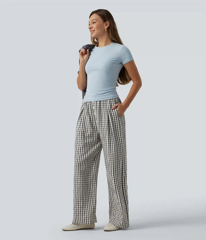 Mid Rise Drawsting Wide Leg Plaid Casual Pants with Pockets