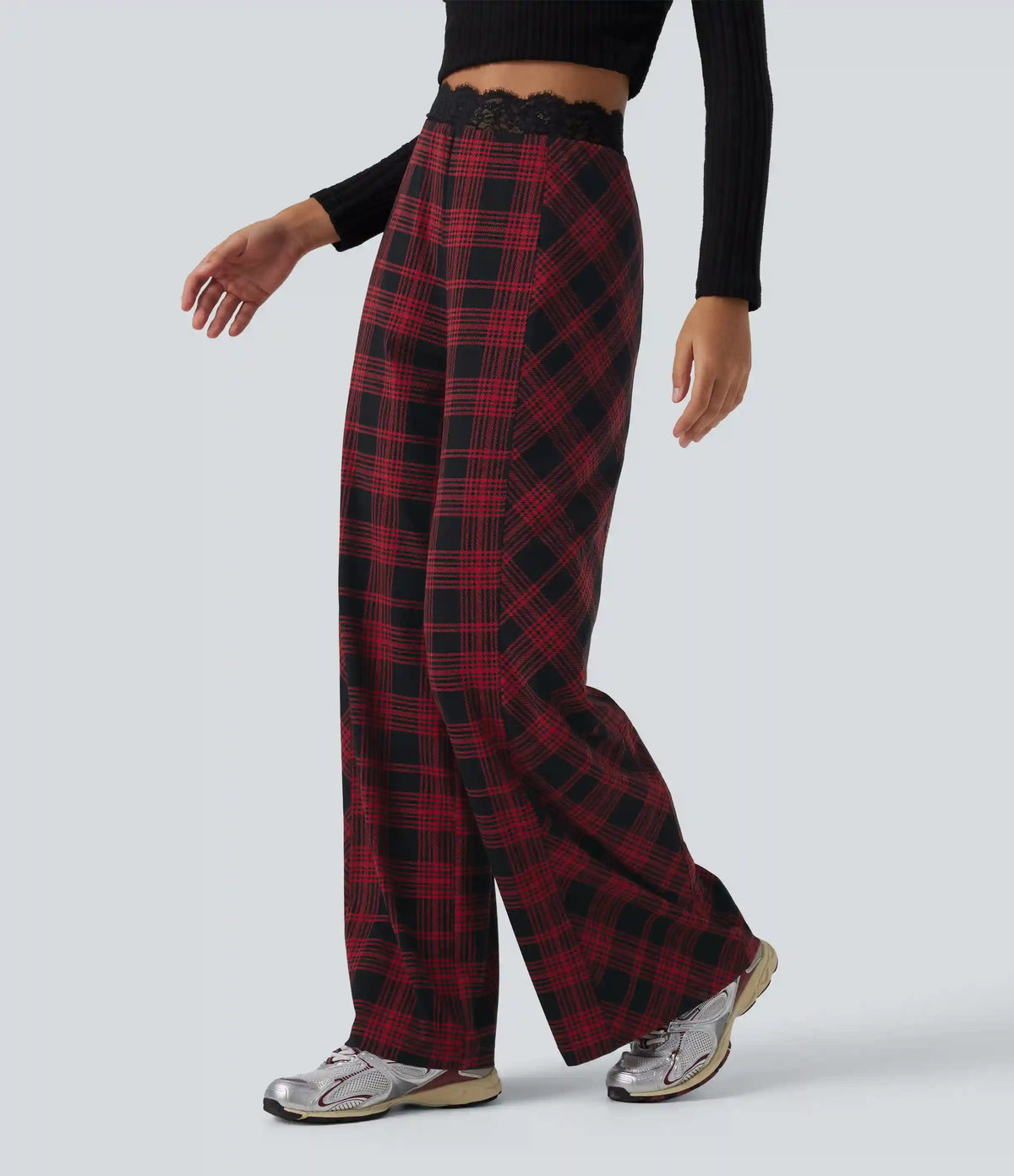 Halara UltraSculpt™ High Waisted Plaid Contrast Lace Baggy Casual Pants with Pockets