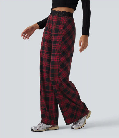 Halara UltraSculpt™ High Waisted Plaid Contrast Lace Baggy Casual Pants with Pockets