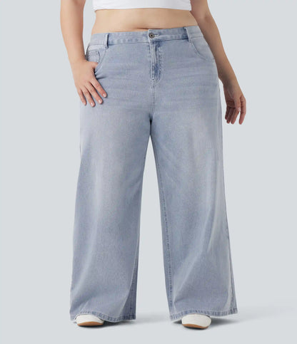 Plus Size Halara Flex™ Low Rise Wide Leg Washed Casual Jeans with Pockets