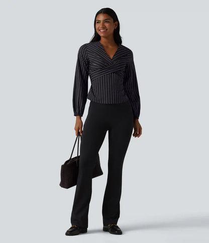 V Neck Long Sleeve Tie Back Stripe Work Blouse