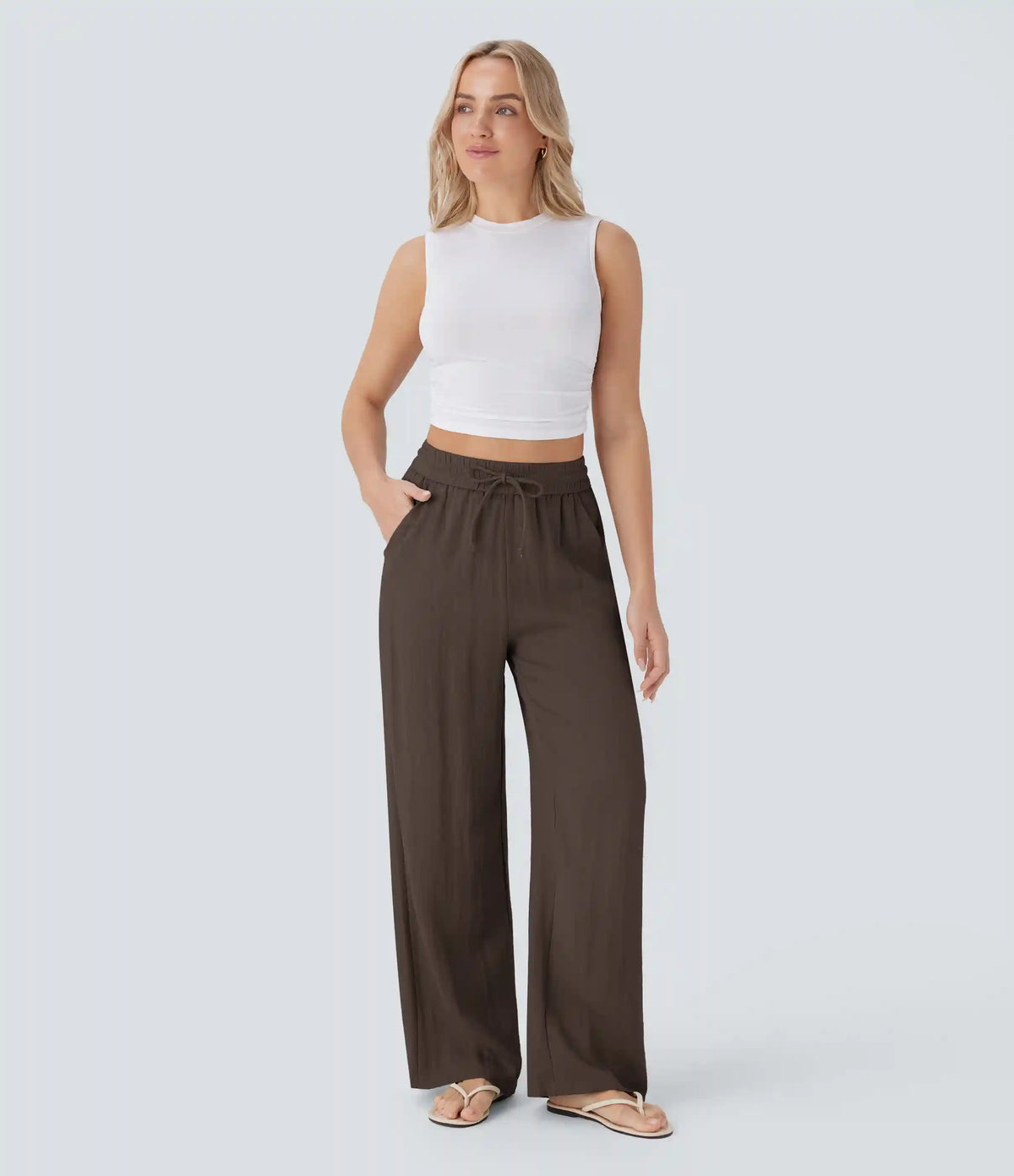 High Waisted Drawstring Pocket Wide Leg Baggy Casual Linen-Feel Pants