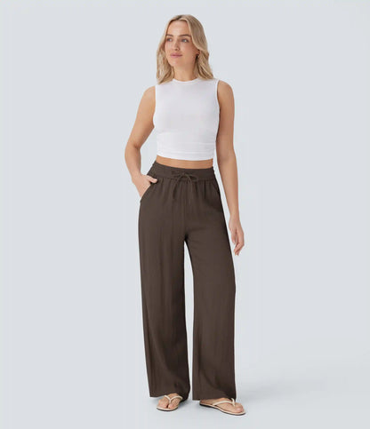 High Waisted Drawstring Pocket Wide Leg Baggy Casual Linen-Feel Pants
