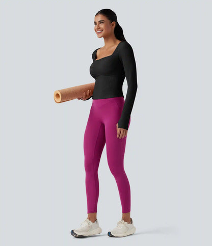 Ribbed Push-Up Square Neck Long Sleeve Thumb Holes Yoga Sports Top
