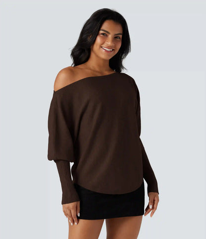 One-shoulder Batwing Sleeve Curved Hem Work Sweater