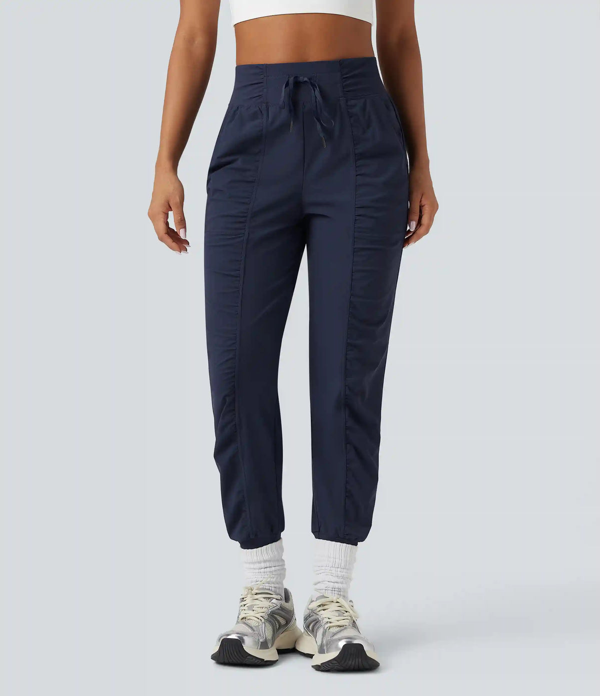 High Waisted Drawstring Ruched Tapered Quick Dry Cool Touch Dance Joggers with Pockets-UPF40+