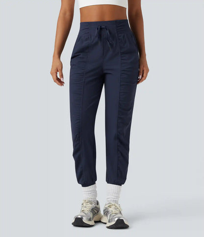 High Waisted Drawstring Ruched Tapered Quick Dry Cool Touch Dance Joggers with Pockets-UPF40+